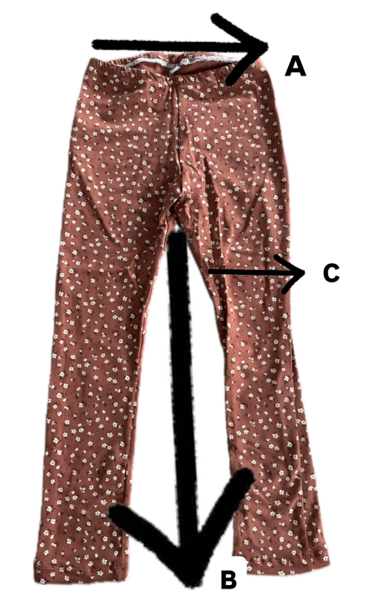 Legging plat opgemeten met A taille, B totale lengte en C binnenbeenlengte