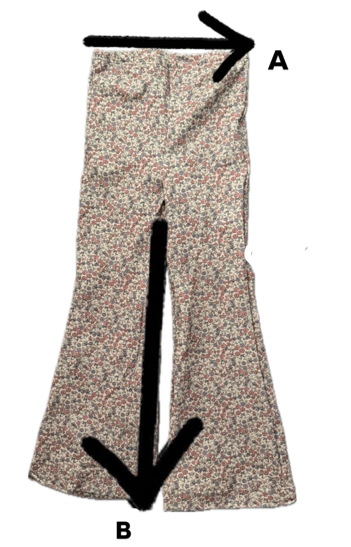 Flare broek plat opgemeten met A taille en B lengte